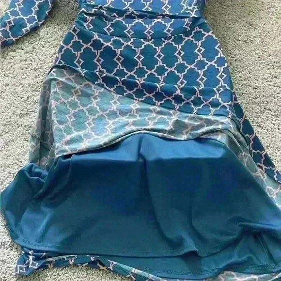 41Hawthorn Faux Wrap Dress 3/4 Sleeve Pink Teal Linded Size Small - Picture 4 of 5